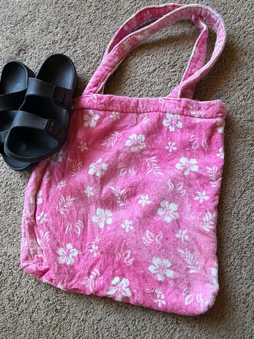 Pink White Tropical Hawaiian Floral Terrycloth Tote Bag Terry Cloth Vintage 90s